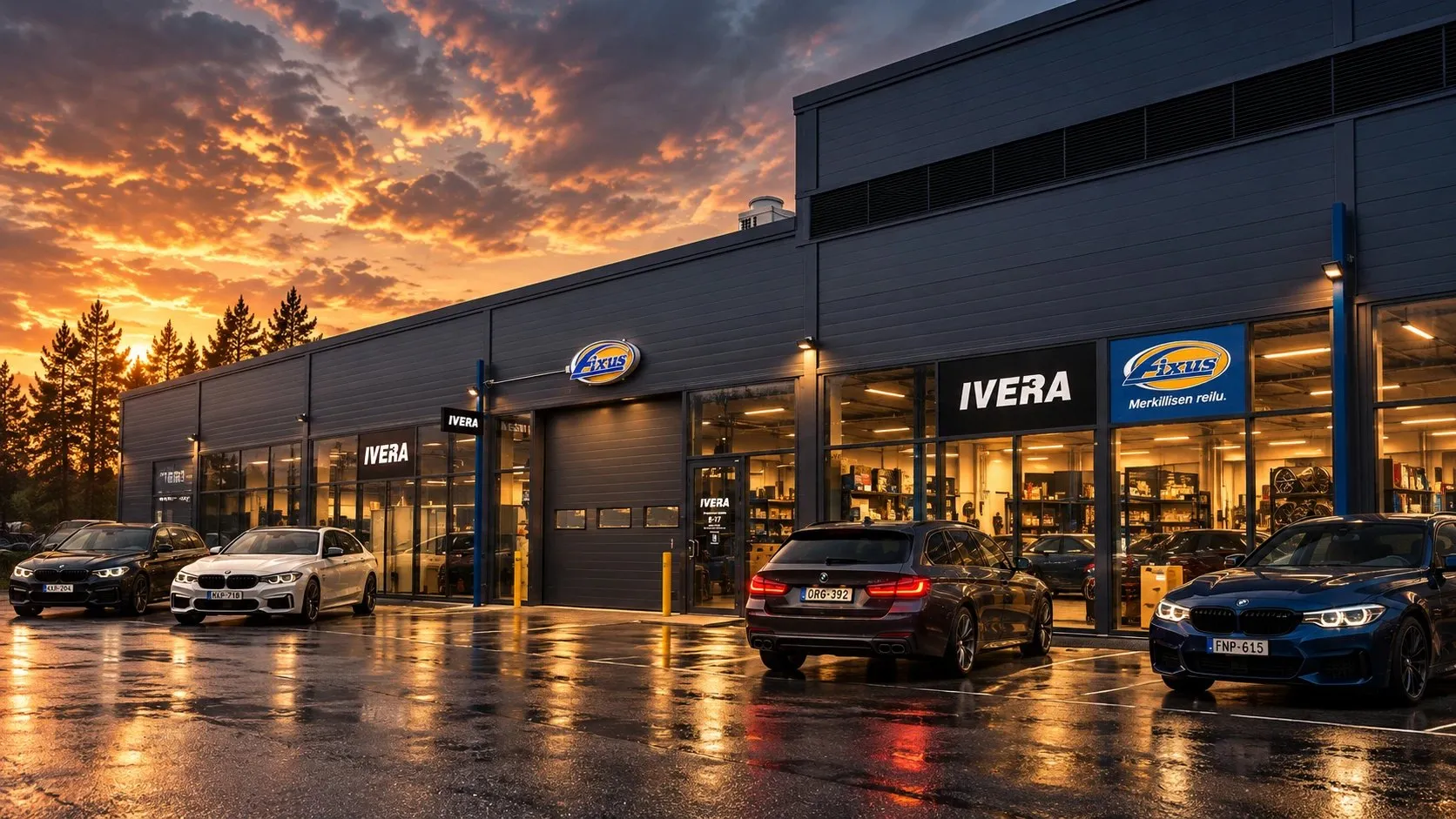 IVERA Autohuollon korjaamo Espoossa iltavalaistuksessa